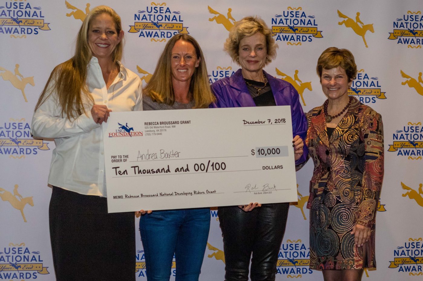 Sarah and Rebecca Broussard presented Andrea Baxter with the $10,000 Rebecca Broussard National Developing Rider Grant.