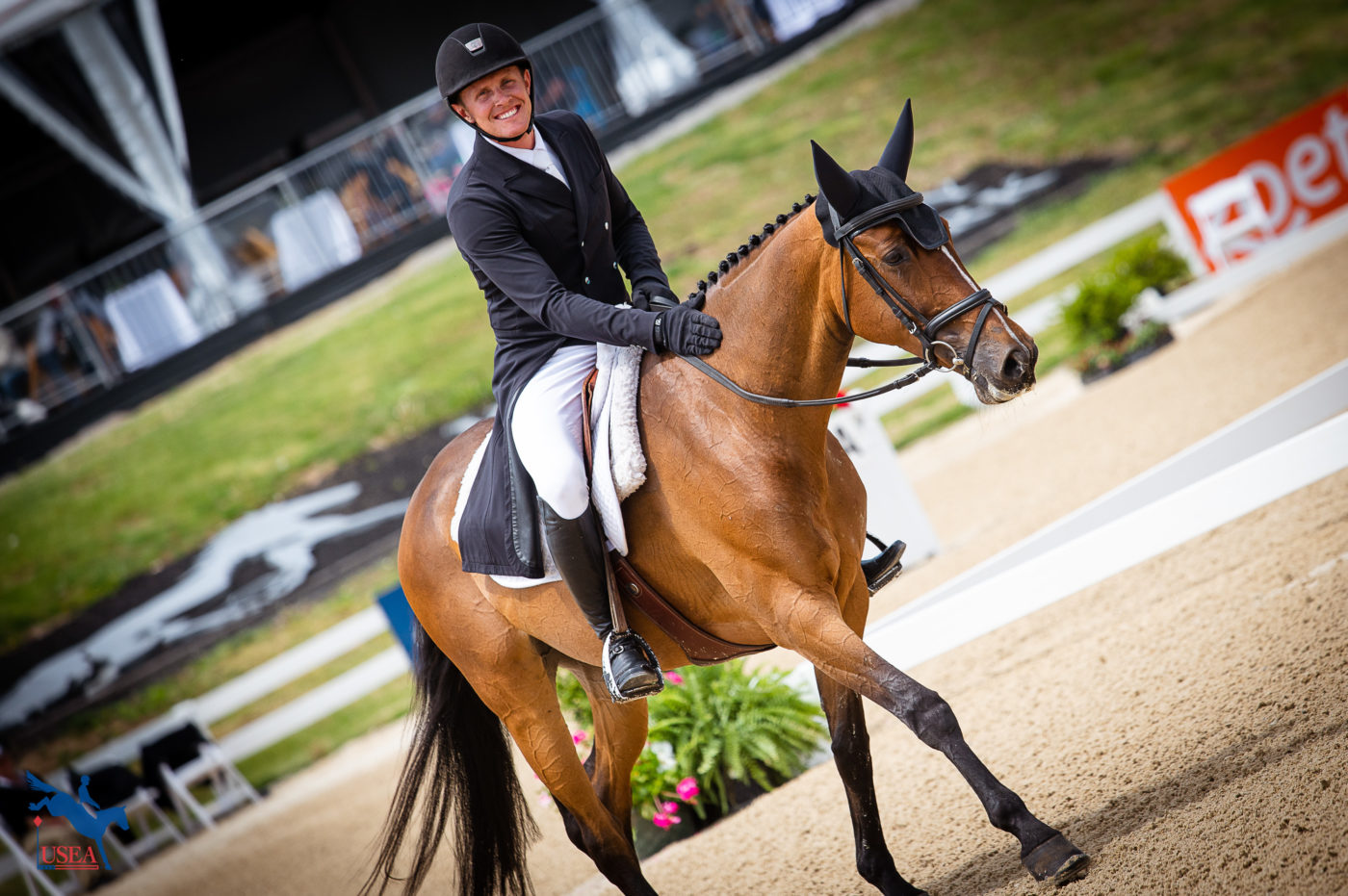 Bobby Meyerhoff flashed a quick smile to the camera following his dressage test. USEA/ Meagan DeLisle