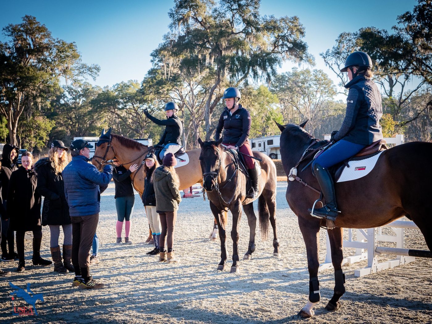 O'Connor instructing Audrey Sanborn, Kayla Dumler and Madelyn Floyd, all on catch-ride horses. USEA/Lily Stidham photo.