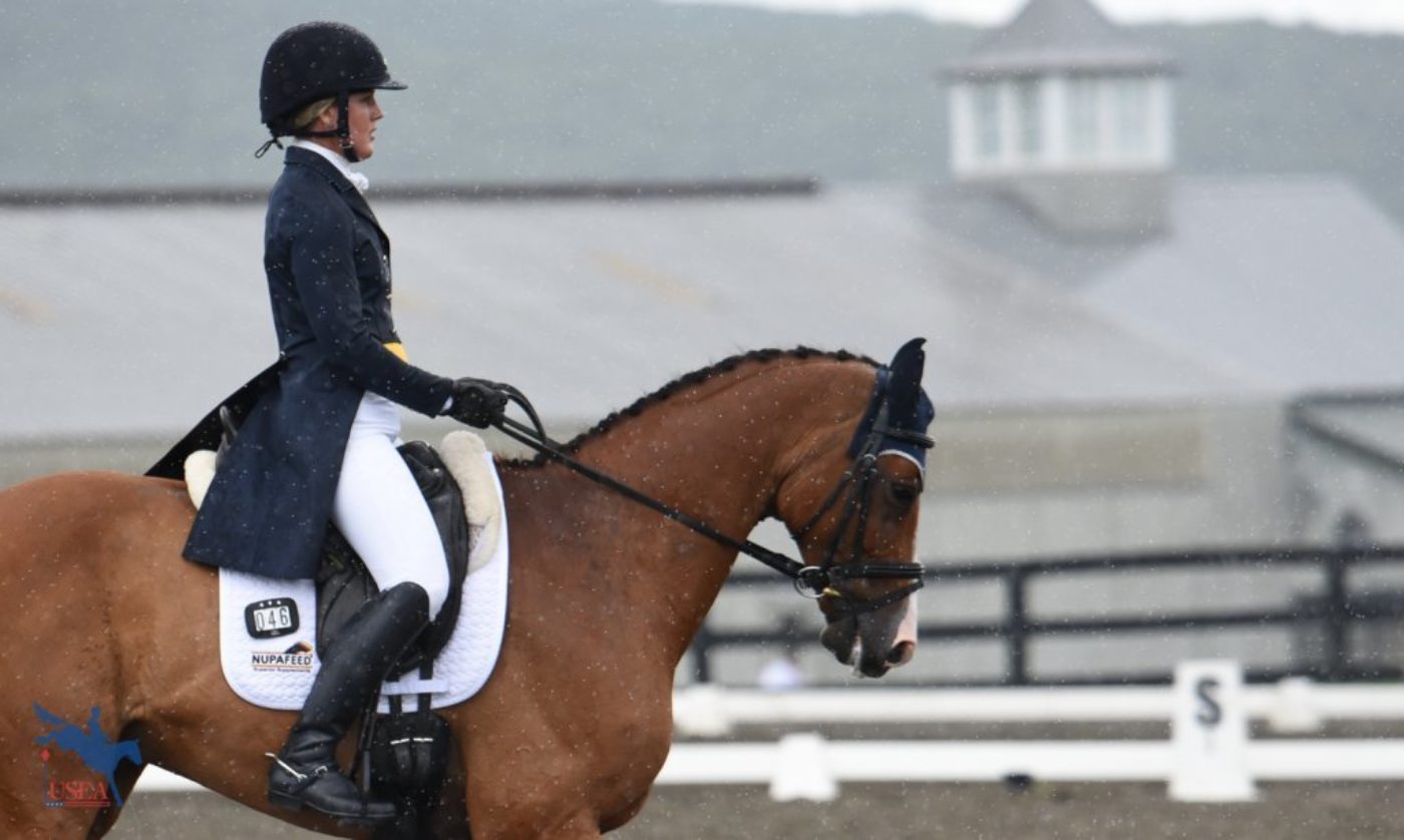 Allison Springer and Lord Willing didn't let a little rain get in the way of scoring 25.0 for third place after dressage. USEA/Jessica Duffy Photo.