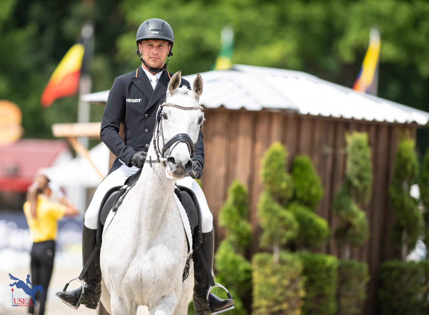 Germany's Arne Bergendahl and Luthien 3 jig out of the arena after their ride. USEA/Lindsay Berreth photo