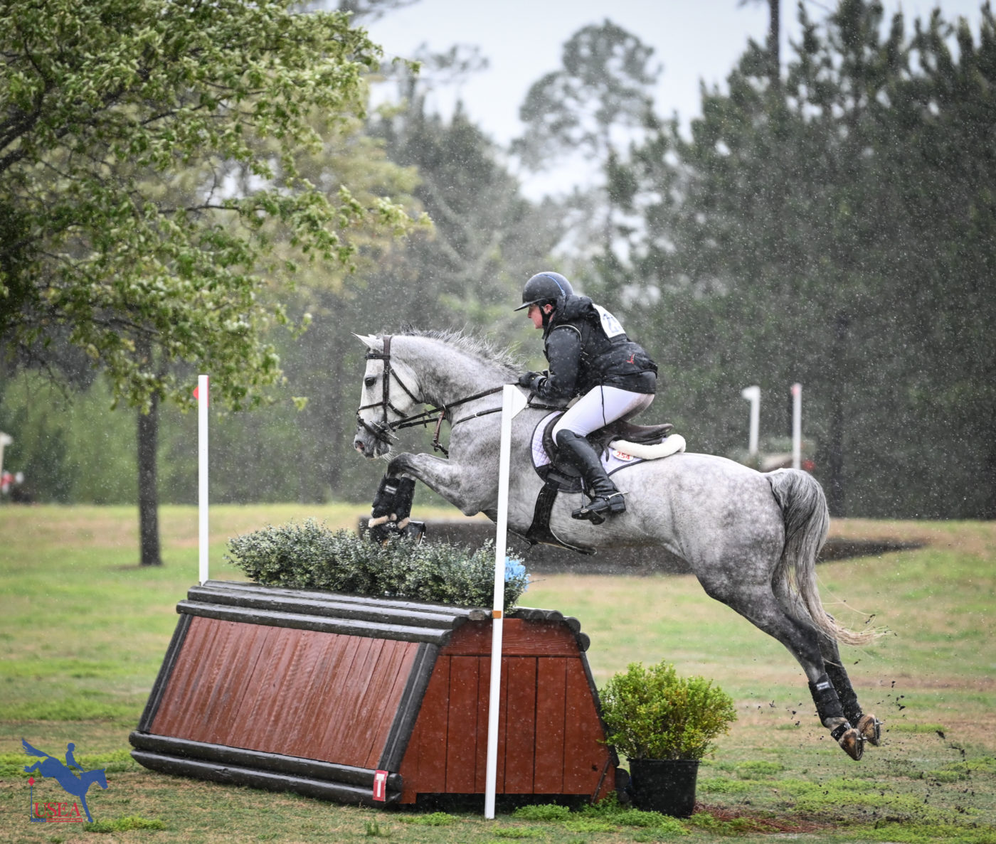 Maddie Hale and Cinzano 87 powered over the second angled table on the CCI3*-S course. USEA/Lindsay Berreth photo