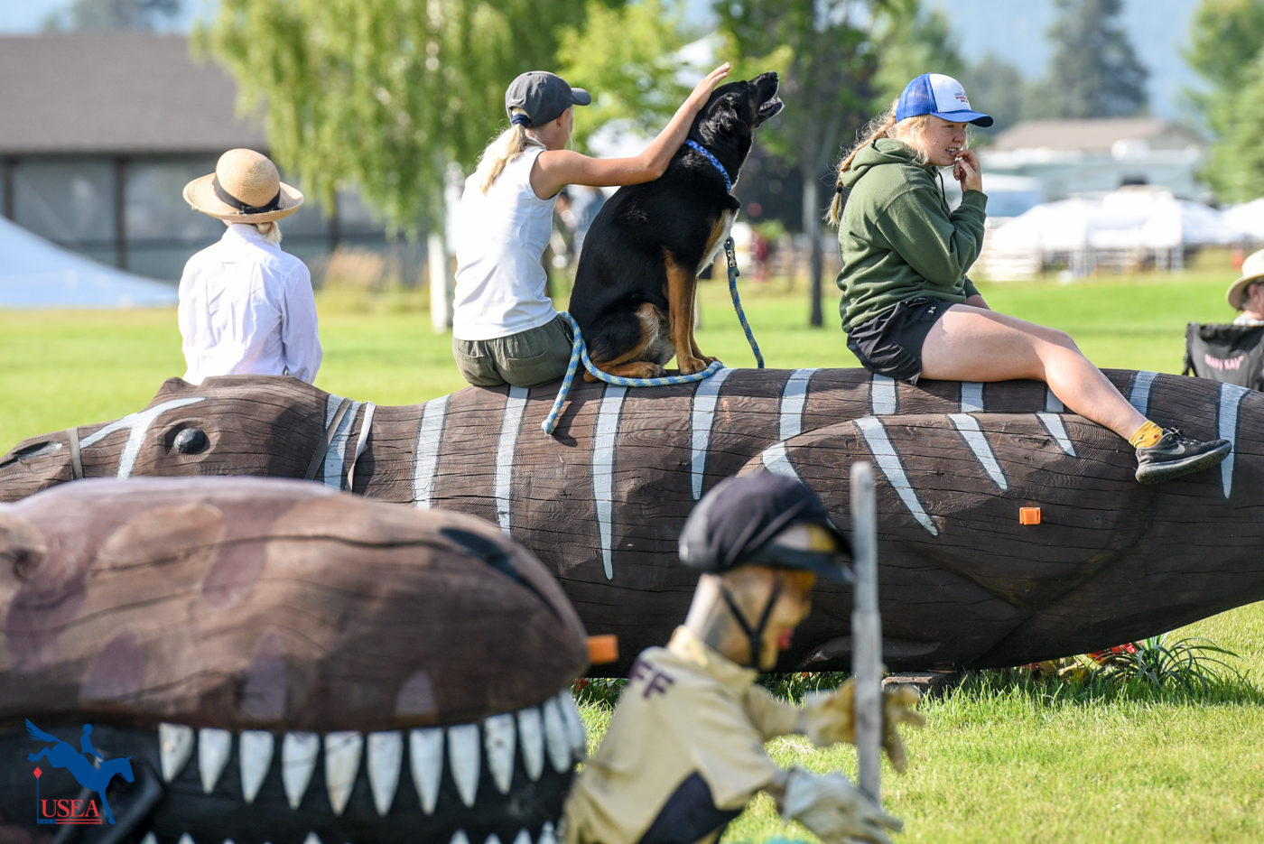 A pair of dinosaurs make a perfect seat. USEA/Leslie Mintz Photo.