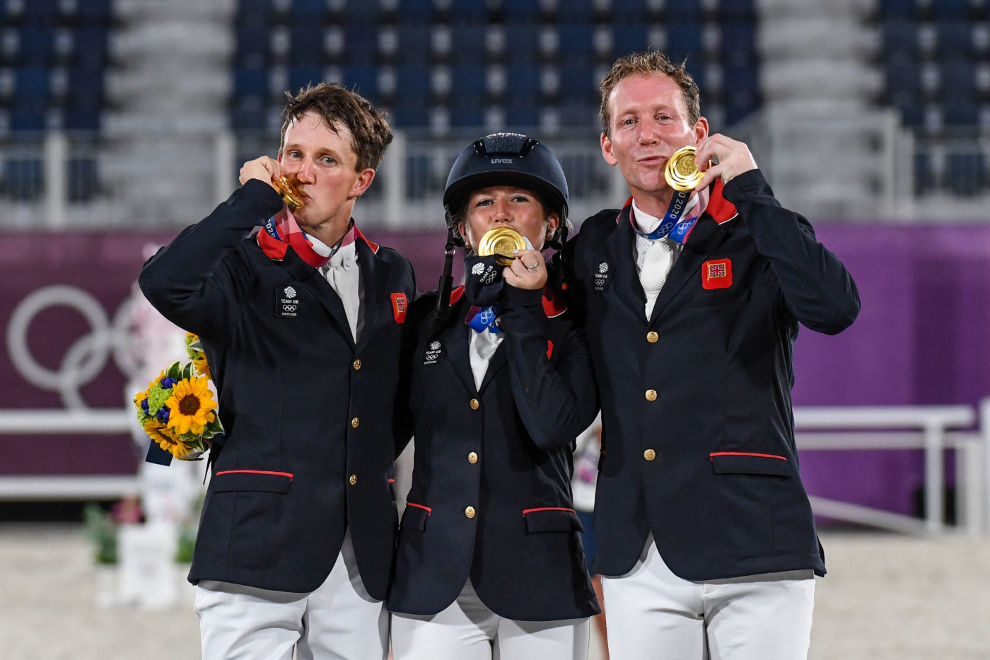 Tom McEwen, Laura Collett, and Oliver Townend, members of Gold Medal Team GBR.