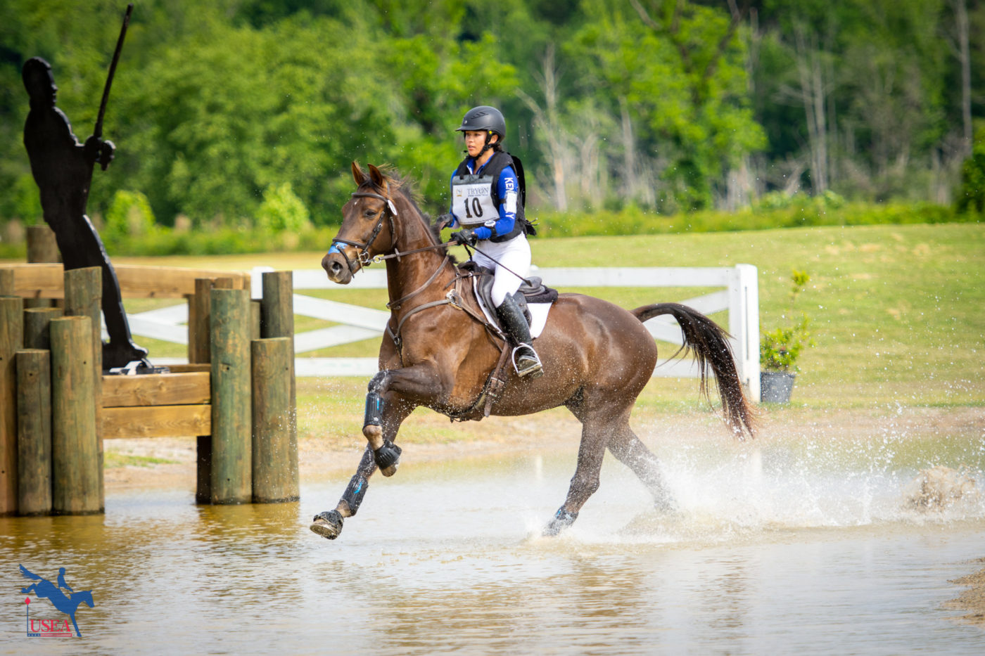 Catherine Shu and 24 Karat Fernhill galloped through the water for UK. USEA/Shelby Allen photo