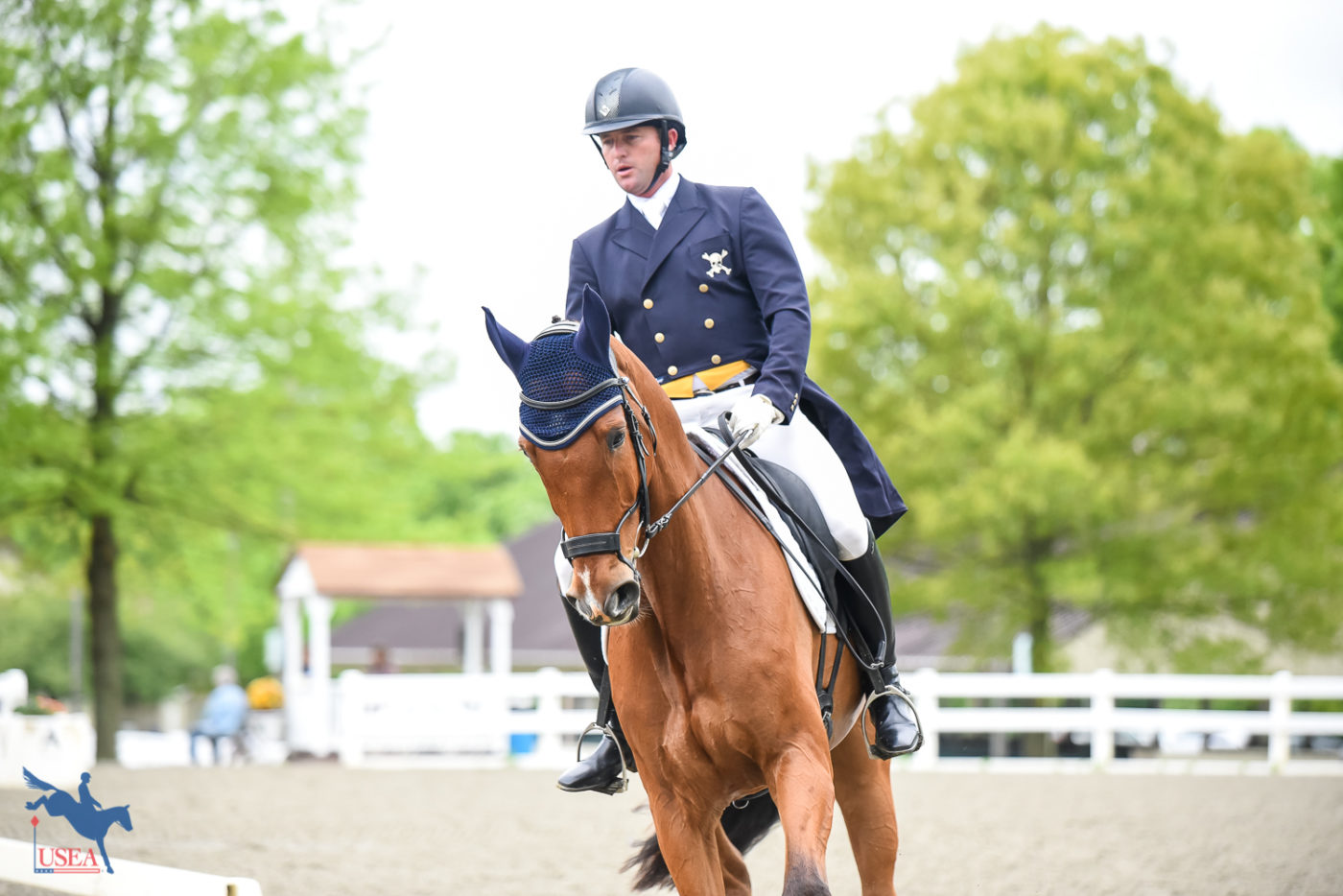 Will Faudree rocking the skull and crossbones in the dressage ring. USEA/Jessica Duffy Photo.